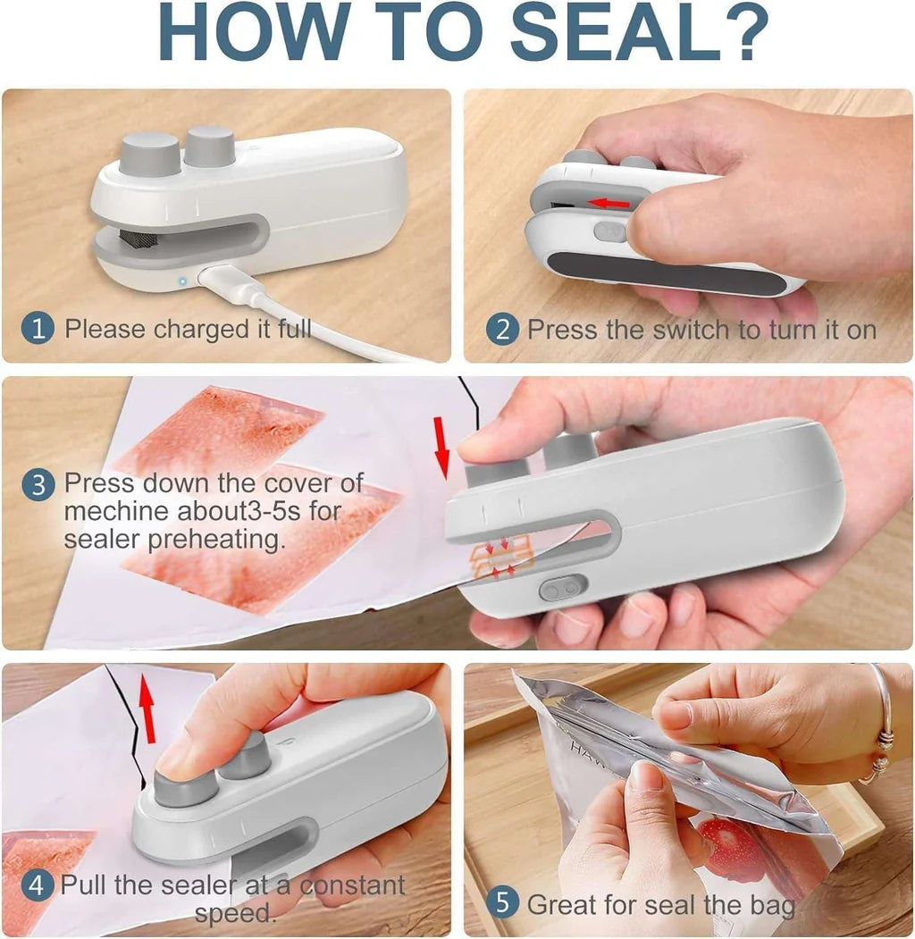 Vacuum Sealers Mini Portable Heat Sealing Machine | 2-in-1 Rechargeable Bag Sealer and Cutter | Portable Heat Sealer for Plastic Bags