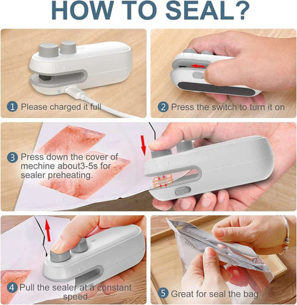 Vacuum Sealers Mini Portable Heat Sealing Machine | 2-in-1 Rechargeable Bag Sealer and Cutter | Portable Heat Sealer for Plastic Bags